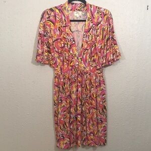 Milly of New York Deep V-neck 70’s Print Stretch Knit Bat Wing Sleeve Dress